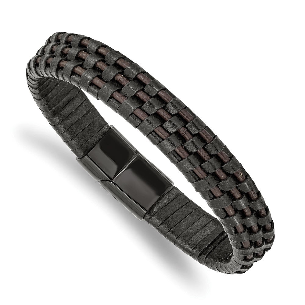 Black & Brown Leather Bracelet in Stainless Steel, 11.9mm, 8.2 in. - Sophia Jewelers
