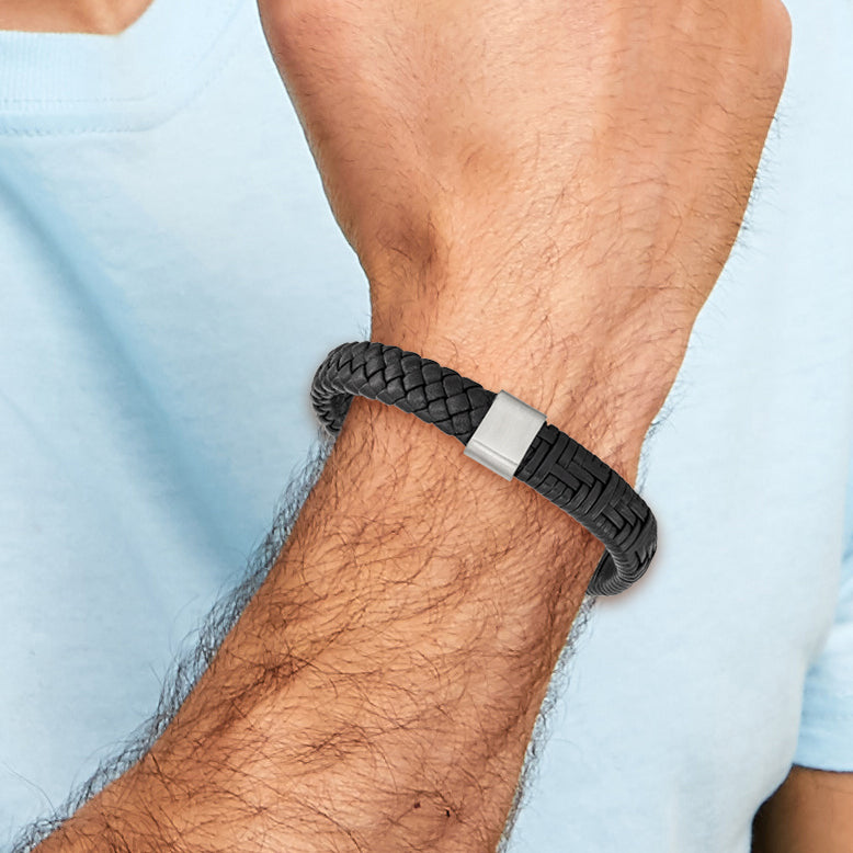 Stainless Steel Brushed Black Leather Bracelet for Men
