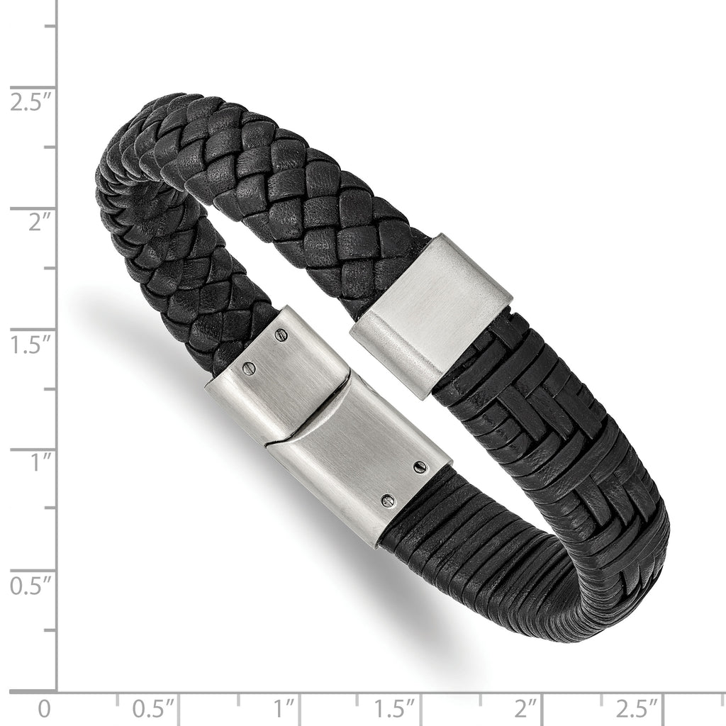 Stainless Steel Brushed Black Leather Bracelet for Men