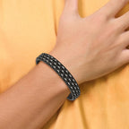 Stainless Steel Polished Wire Cable and Black Leather Bracelet for Men