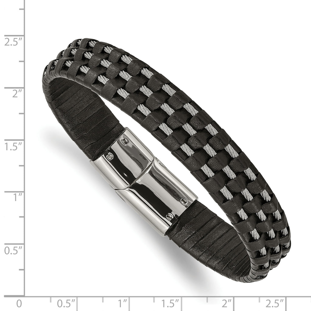 Stainless Steel Polished Wire Cable and Black Leather Bracelet for Men
