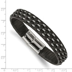 Stainless Steel Polished Wire Cable and Black Leather Bracelet for Men