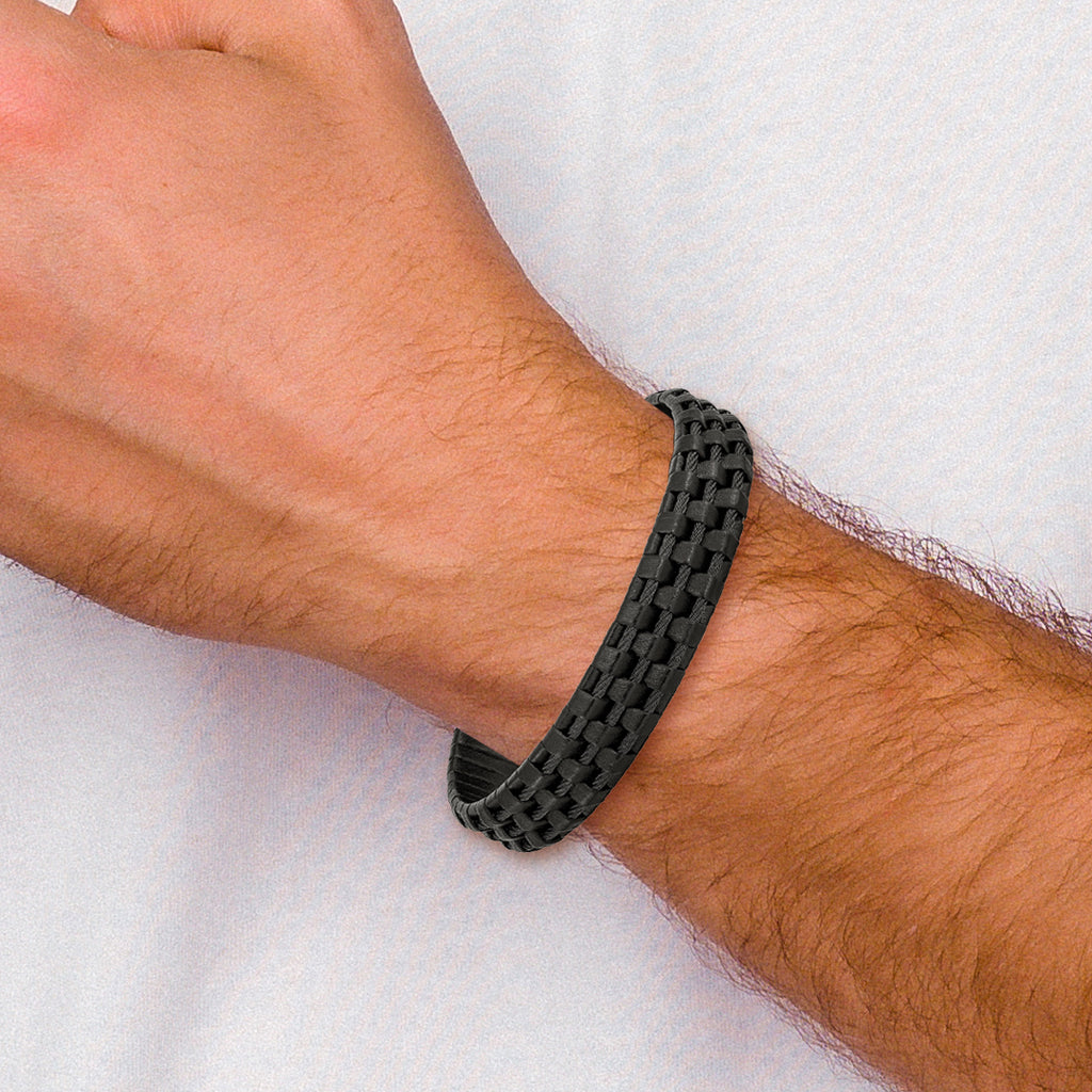 Stainless Steel Brushed and Polished Black IP-plated Wire Cable and Black Leather Bracelet for Men