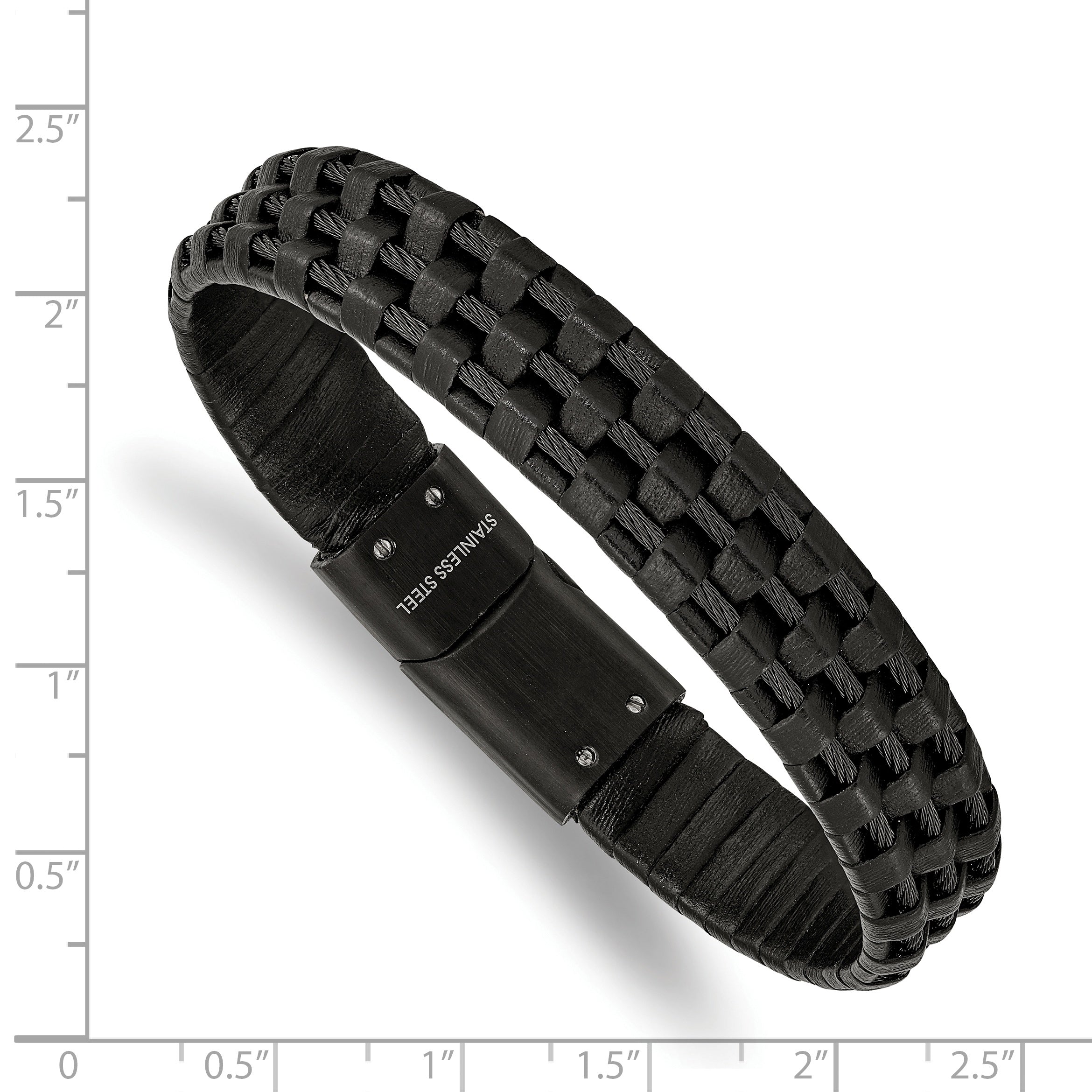 Stainless Steel Brushed and Polished Black IP-plated Wire Cable and Black Leather Bracelet for Men