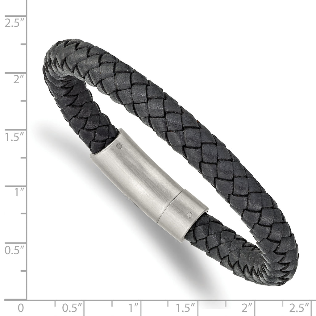 Stainless Steel Brushed Grey Braided Leather Bracelet for Men