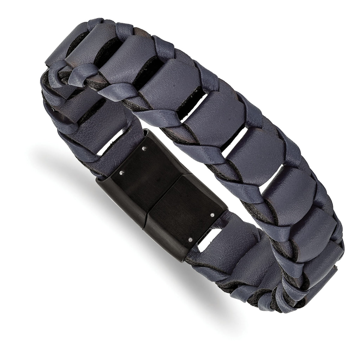 Blue Leather Bracelet in Black IP Stainless Steel, 17.3mm x 8.5" - Sophia Jewelers