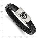 Stainless Steel Antiqued and Polished Cross Black Leather Bracelet for Men