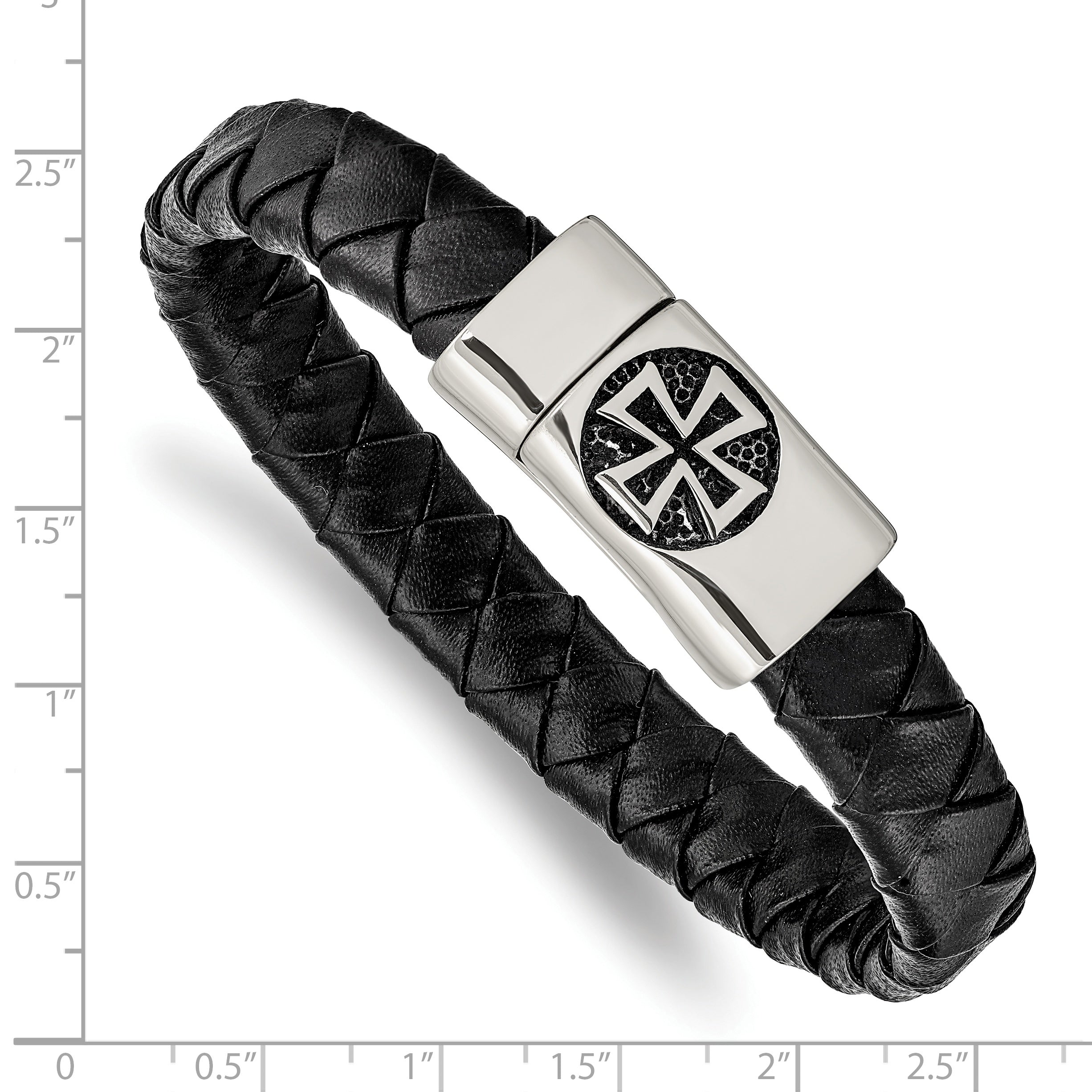 Stainless Steel Antiqued and Polished Cross Black Leather Bracelet for Men
