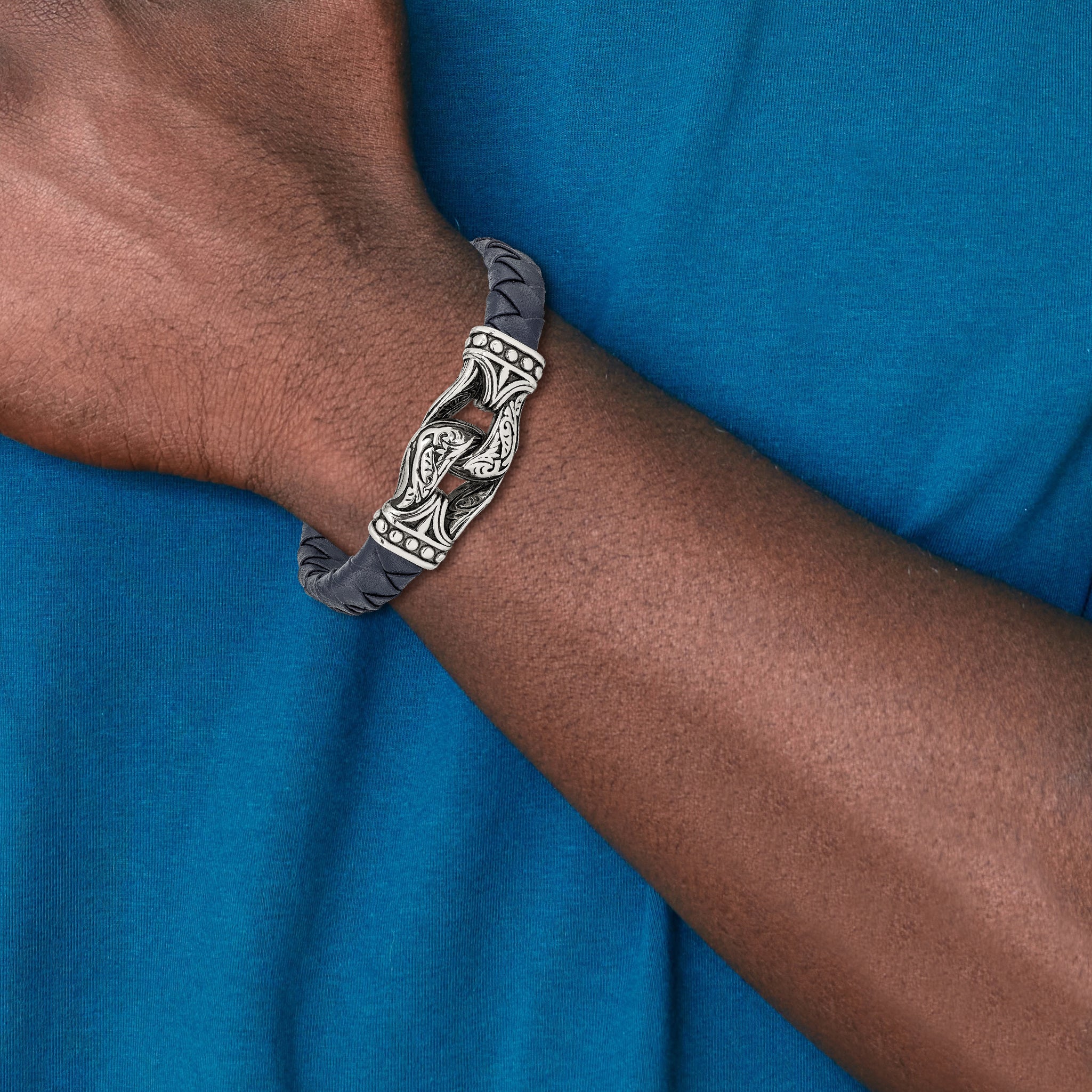 Stainless Steel Antiqued and Polished Blue Woven Leather Bracelet for Men