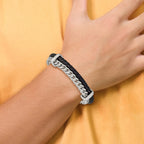 Stainless Steel Brushed Chian and Black Braided Leather Bracelet with . Extension for Men