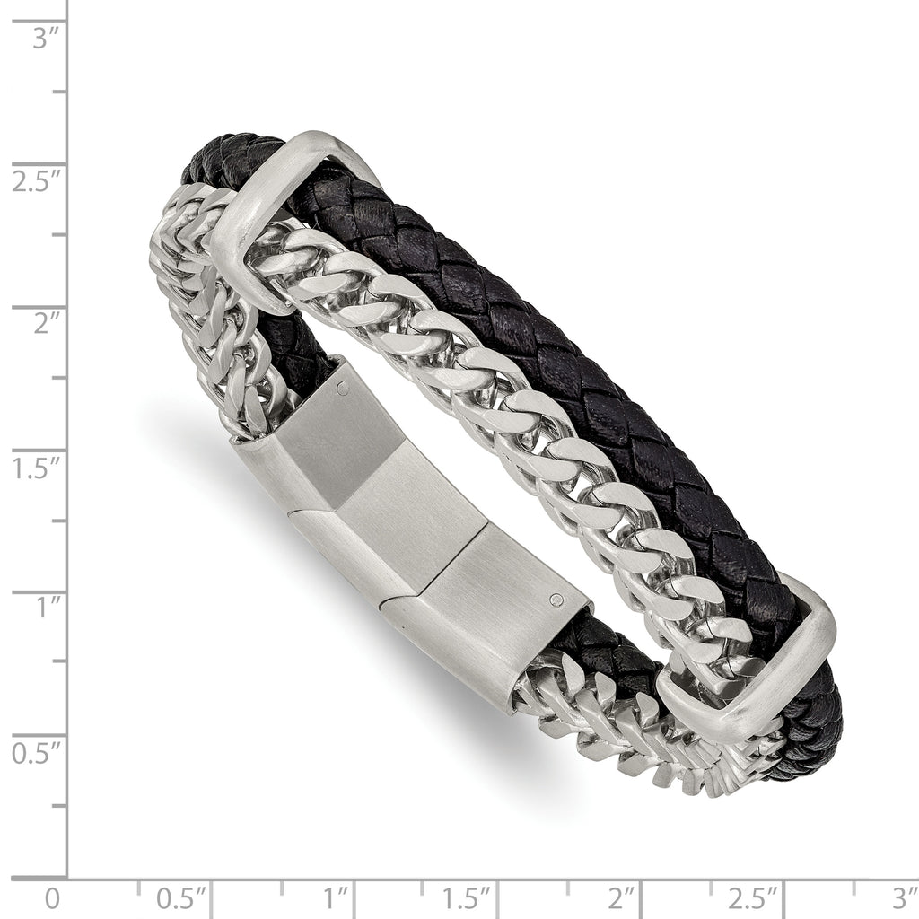 Stainless Steel Brushed Chian and Black Braided Leather Bracelet with . Extension for Men