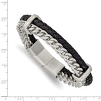 Stainless Steel Brushed Chian and Black Braided Leather Bracelet with . Extension for Men
