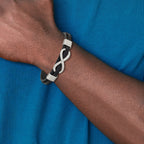 Stainless Steel Brushed and Polished Infinity Symbol Black Leather Bracelet for Men