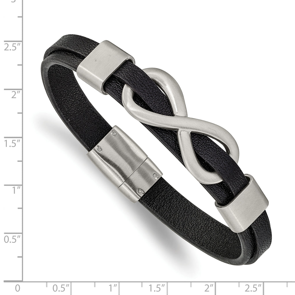 Stainless Steel Brushed and Polished Infinity Symbol Black Leather Bracelet for Men
