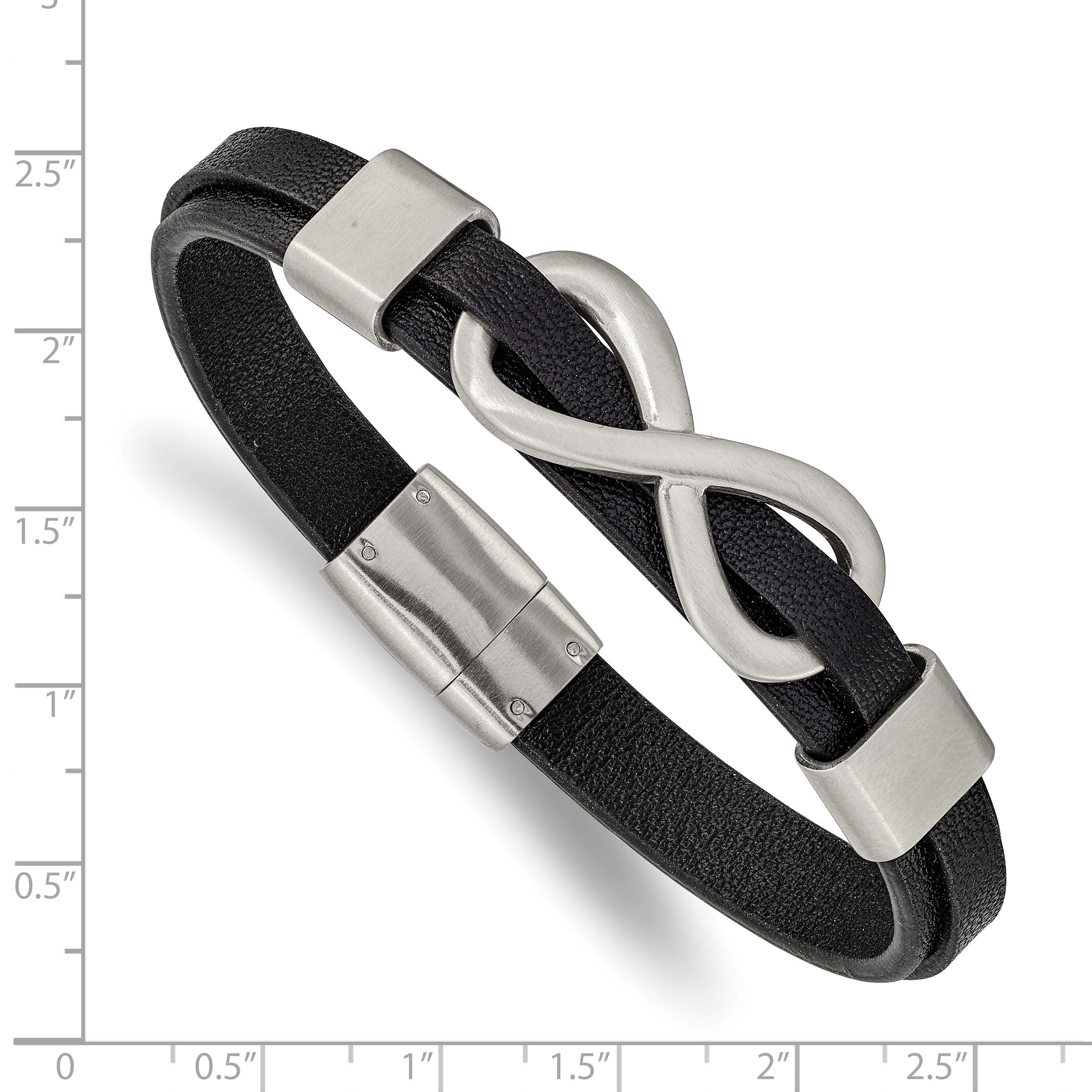 Stainless Steel Brushed and Polished Infinity Symbol Black Leather Bracelet for Men