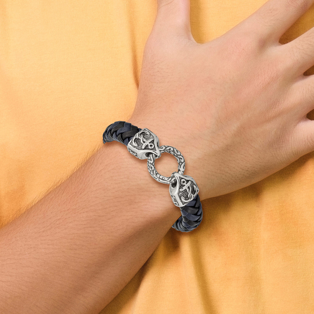 Stainless Steel Antiqued and Polished Black and Blue Braided Leather Bracelet for Men