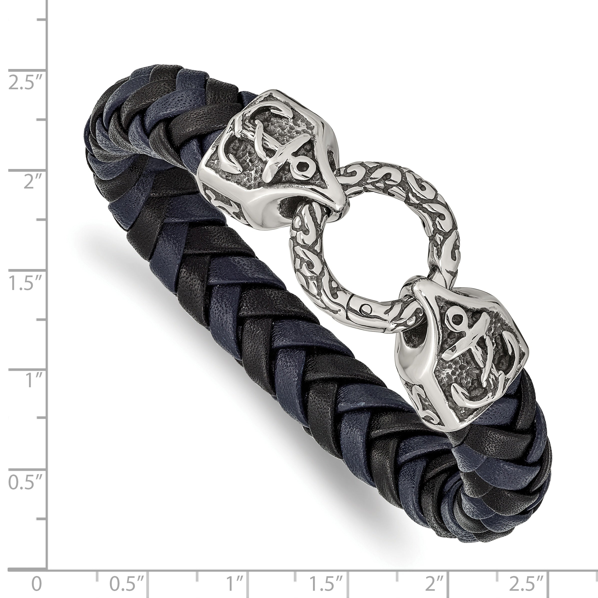 Stainless Steel Antiqued and Polished Black and Blue Braided Leather Bracelet for Men