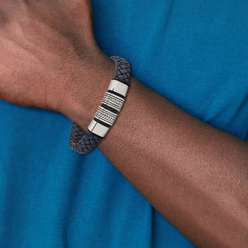 Stainless Steel Antiqued and Polished Braided Blue Leather with Black Silicone Bracelet for Men