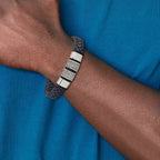 Stainless Steel Antiqued and Polished Braided Blue Leather with Black Silicone Bracelet for Men