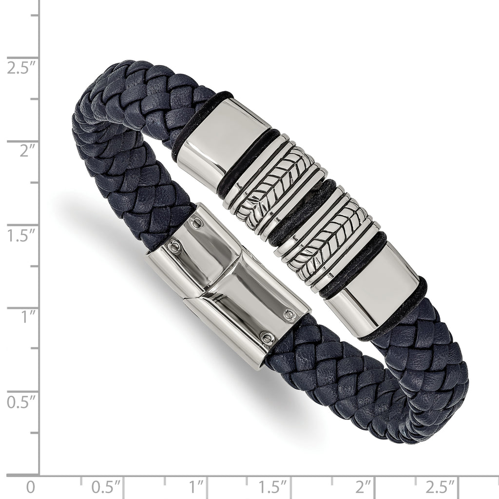 Stainless Steel Antiqued and Polished Braided Blue Leather with Black Silicone Bracelet for Men