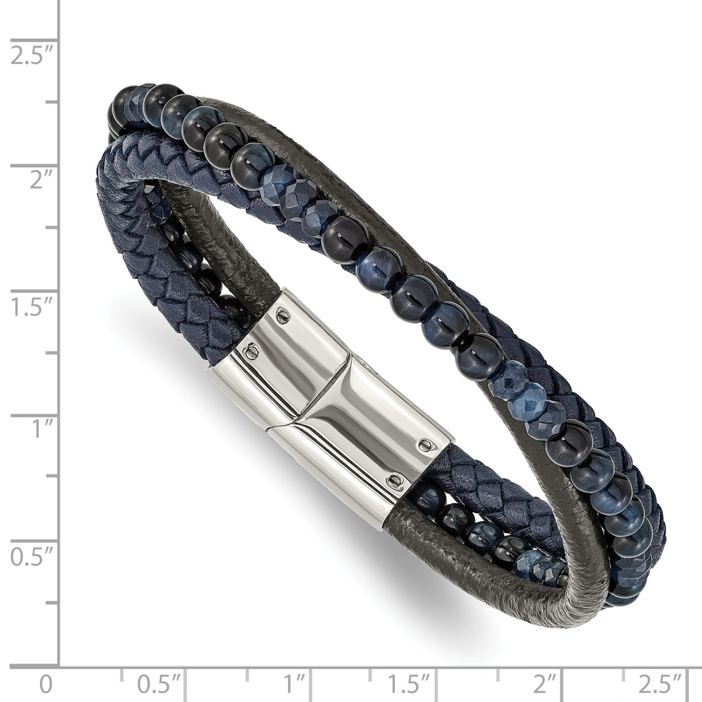 Stainless Steel Polished Multi Strand Blue Chalcedony and Tiger's Eye Beaded Black and Blue Leather Bracelet for Men