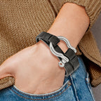 Stainless Steel Polished Shackle Textured Black Leather Wrap Bracelet for Men