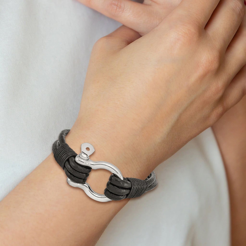 Stainless Steel Polished Shackle Multi Strand Black Leather Bracelet for Men
