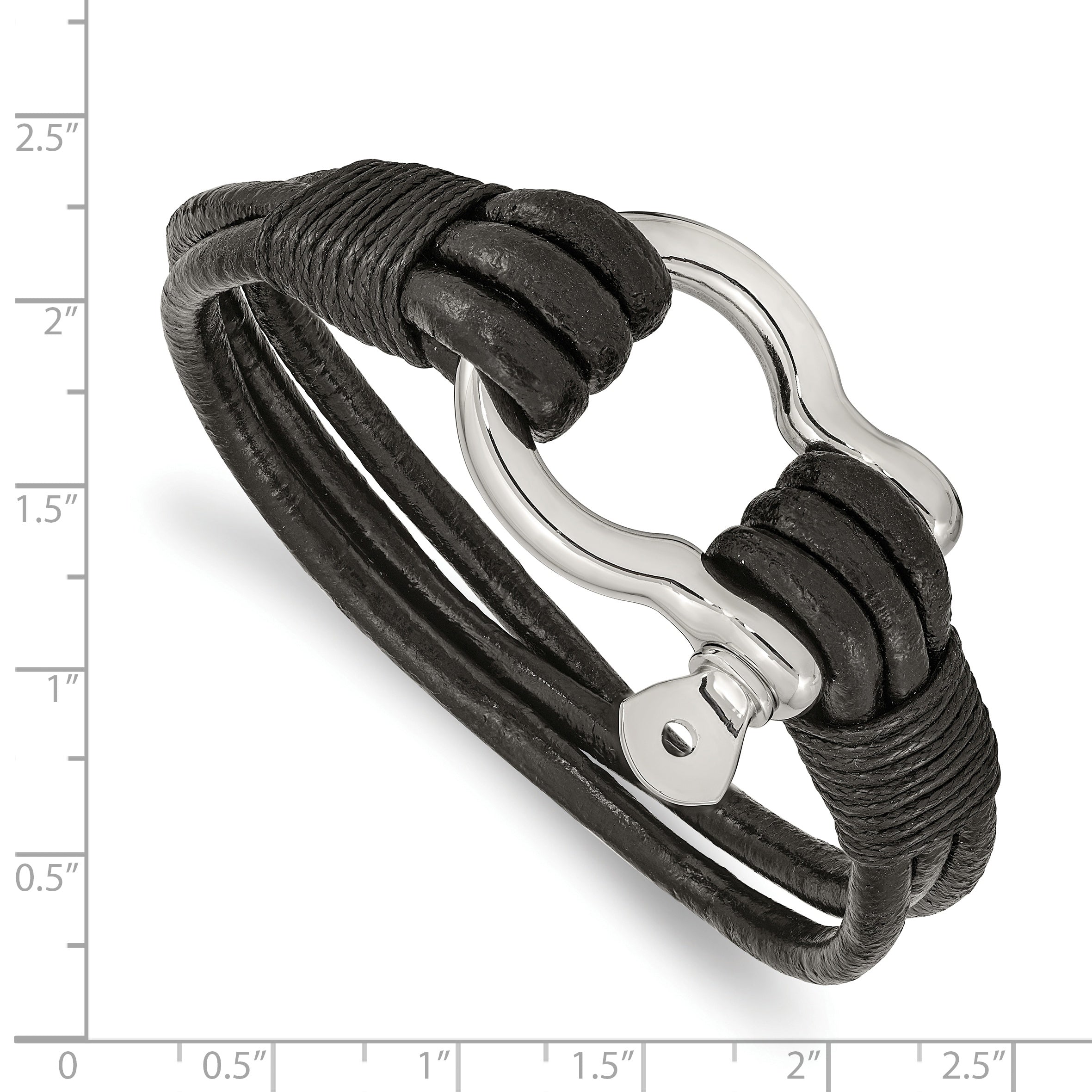 Stainless Steel Polished Shackle Multi Strand Black Leather Bracelet for Men