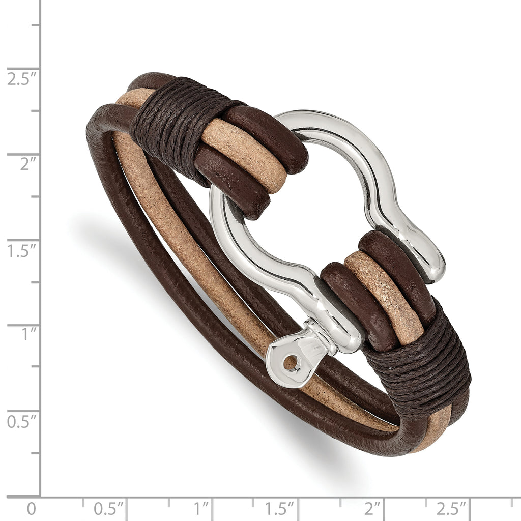 Stainless Steel Polished Shackle Multi Strand Dark Brown and Tan Leather Bracelet for Men