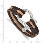 Stainless Steel Polished Shackle Multi Strand Dark Brown and Tan Leather Bracelet for Men