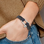 Stainless Steel Polished Shackle Black and Blue Leather Bracelet for Men