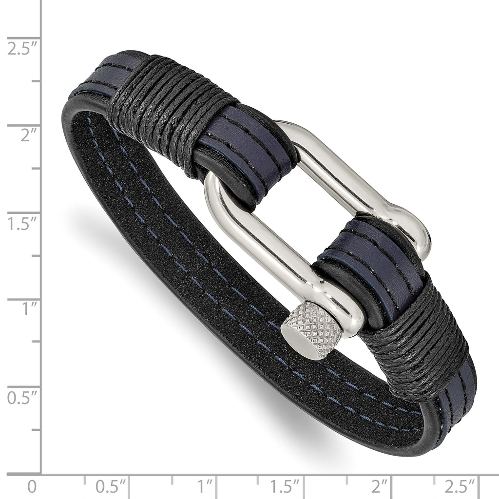 Stainless Steel Polished Shackle Black and Blue Leather Bracelet for Men