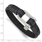 Stainless Steel Polished Shackle Black and Blue Leather Bracelet for Men