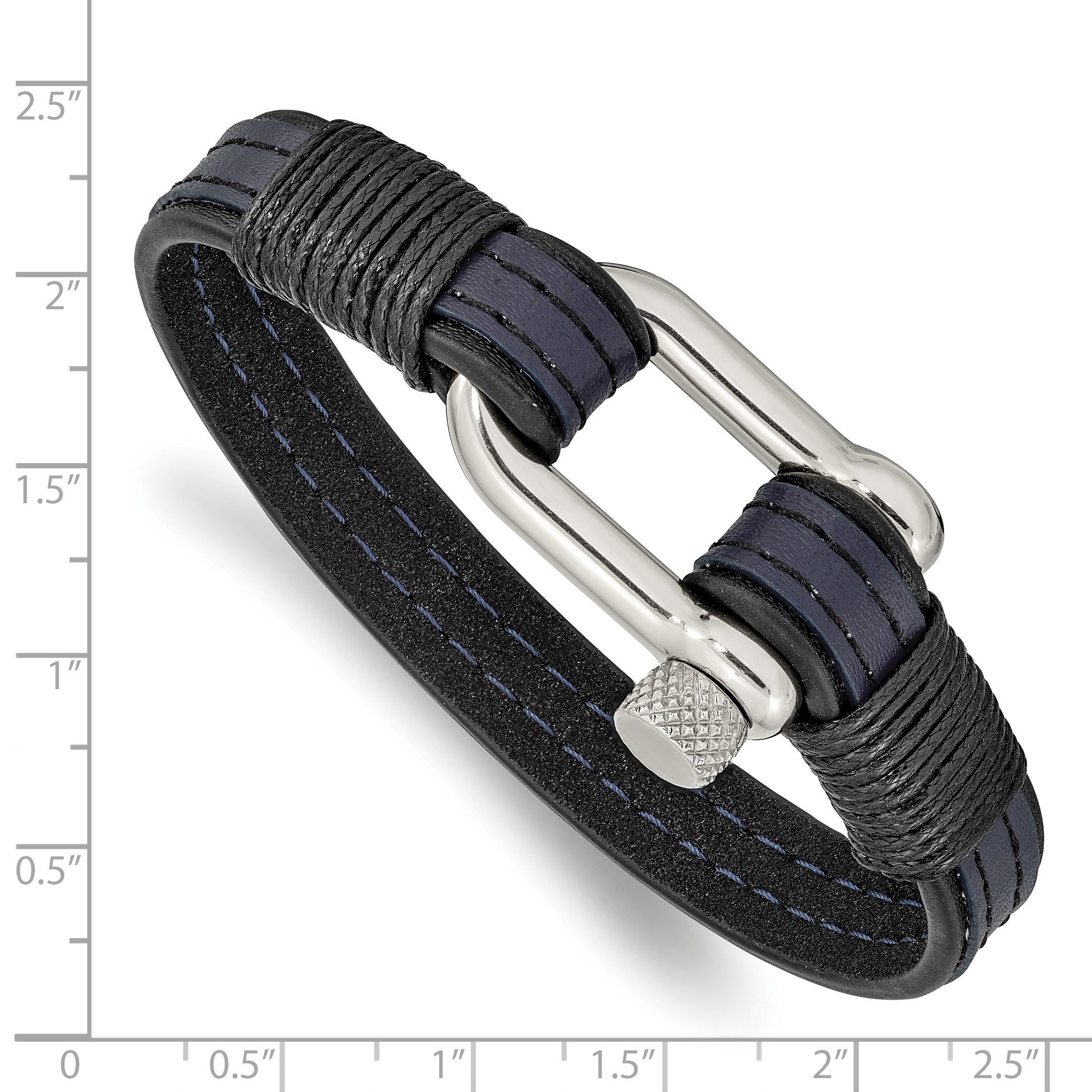 Stainless Steel Polished Shackle Black and Blue Leather Bracelet for Men