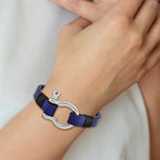 Stainless Steel Polished Black and Blue Leather Shackle Bracelet for Men