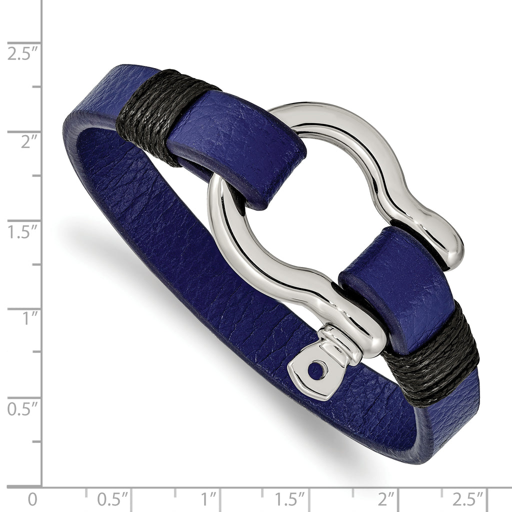 Stainless Steel Polished Black and Blue Leather Shackle Bracelet for Men