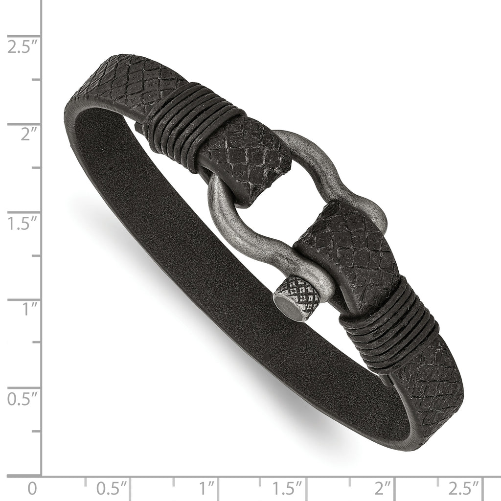 Stainless Steel Antiqued White Bronze Plated Shackle Textured Black Leather Bracelet for Men
