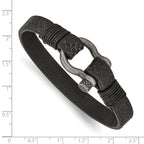 Stainless Steel Antiqued White Bronze Plated Shackle Textured Black Leather Bracelet for Men
