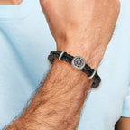Stainless Steel Antiqued and Polished Compass Braided Black Leather Bracelet for Men