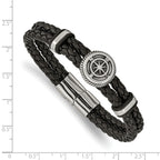Stainless Steel Antiqued and Polished Compass Braided Black Leather Bracelet for Men