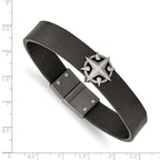 Stainless Steel Brushed Antiqued White Bronze-plated Compass Black Leather Bracelet for Men