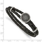 Stainless Steel Brushed Laser Design Compass Black Woven Leather Bracelet for Men
