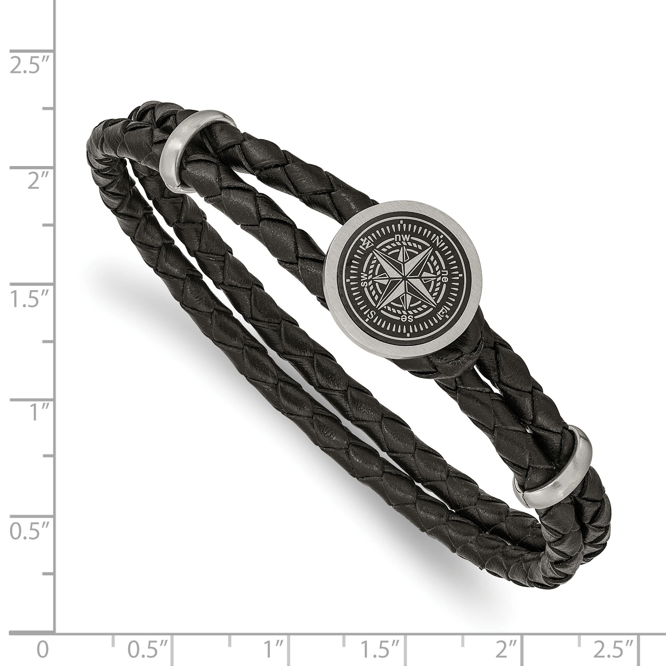 Stainless Steel Brushed Laser Design Compass Black Woven Leather Bracelet for Men