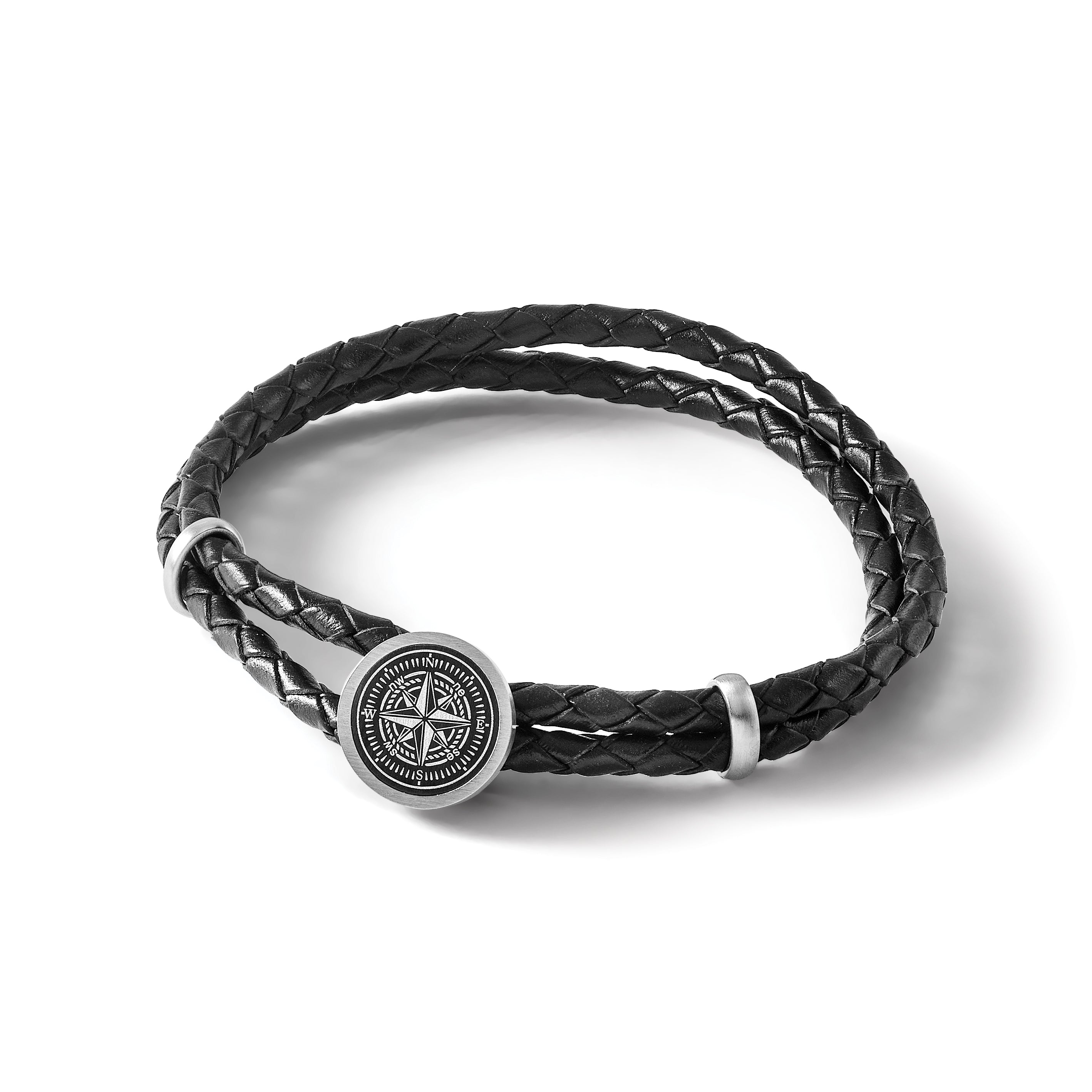 Stainless Steel Brushed Laser Design Compass Black Woven Leather Bracelet for Men