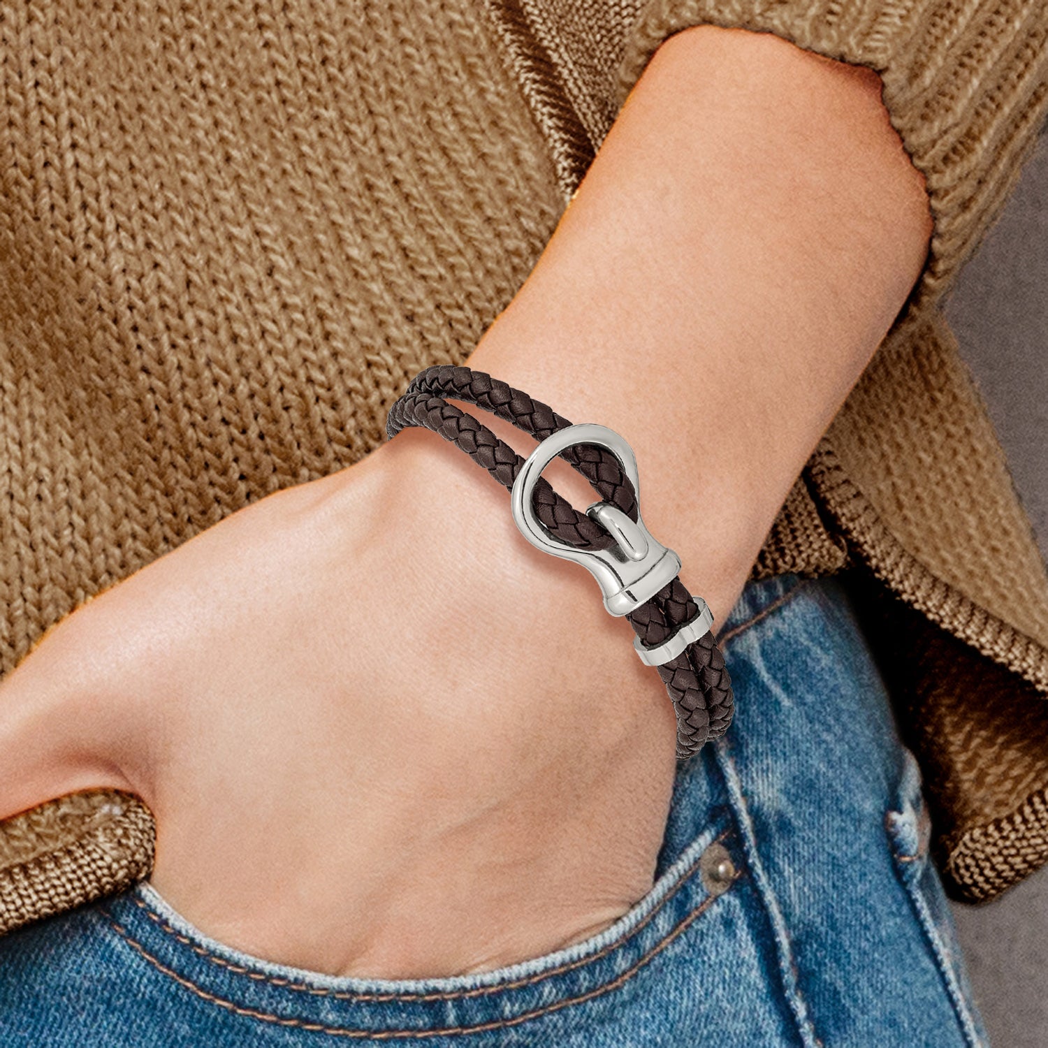 Stainless Steel Polished Brown Braided Leather Bracelet for Men