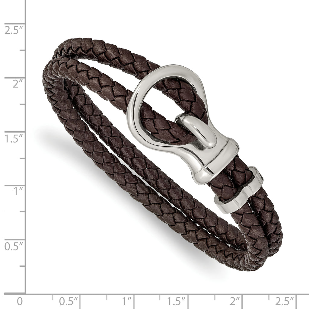 Stainless Steel Polished Brown Braided Leather Bracelet for Men