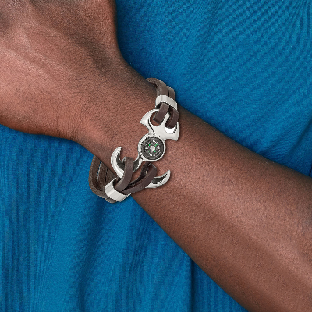 Stainless Steel Polished Functional Compass Multi Strand Brown Leather Bracelet for Men