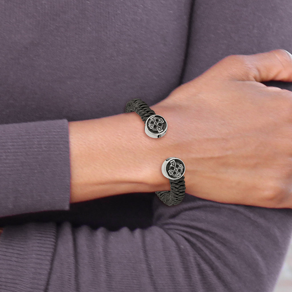 Stainless Steel Antiqued and Polished Black Leather Celtic Cross Cuff Bangle Bracelet for Men