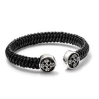 Stainless Steel Antiqued and Polished Black Leather Celtic Cross Cuff Bangle Bracelet for Men