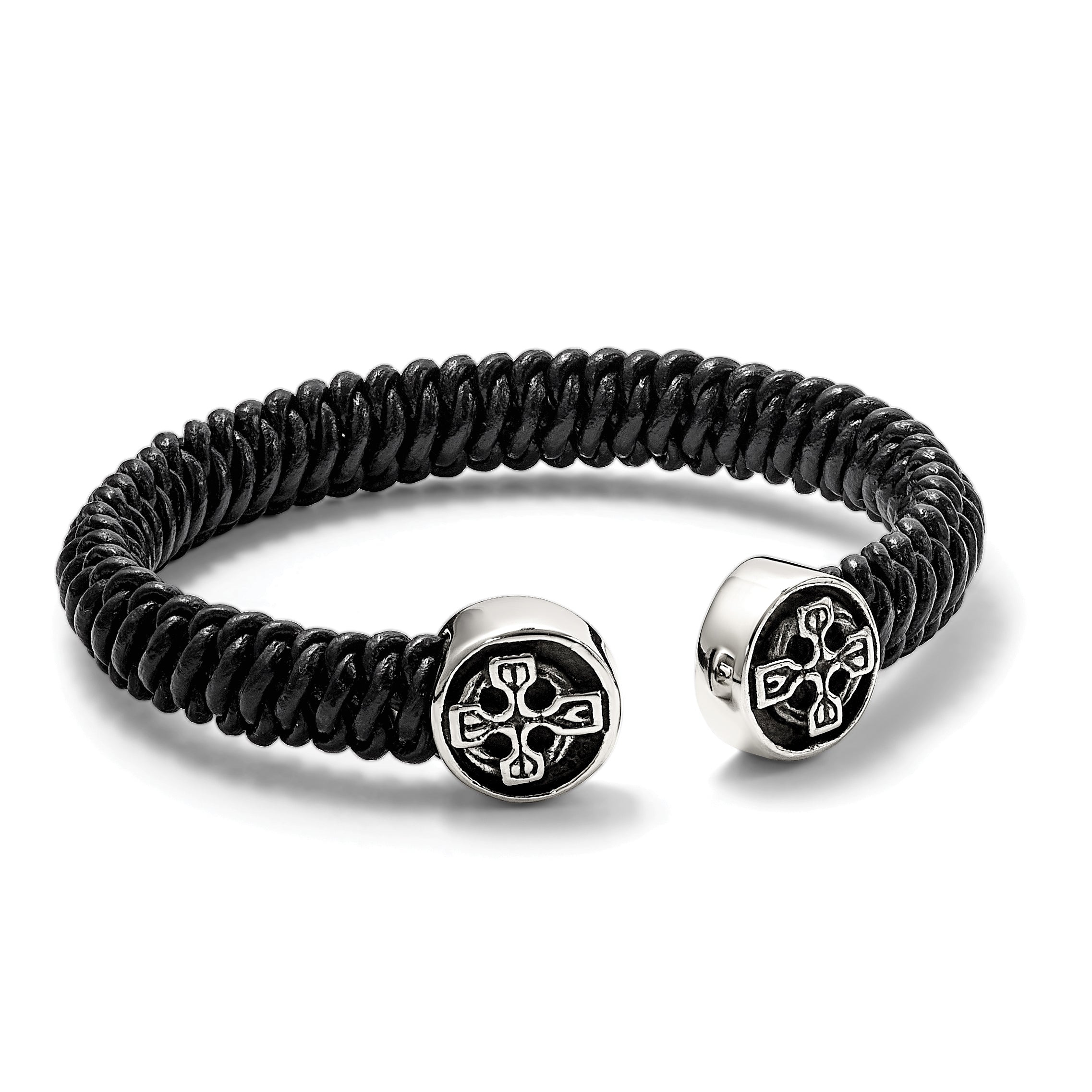 Stainless Steel Antiqued and Polished Black Leather Celtic Cross Cuff Bangle Bracelet for Men